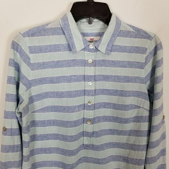 Vineyard Vines Women Linen Blend Cove‎ Poplin Shirt Sz 6 Blue Striped Nautical - Picture 2 of 5
